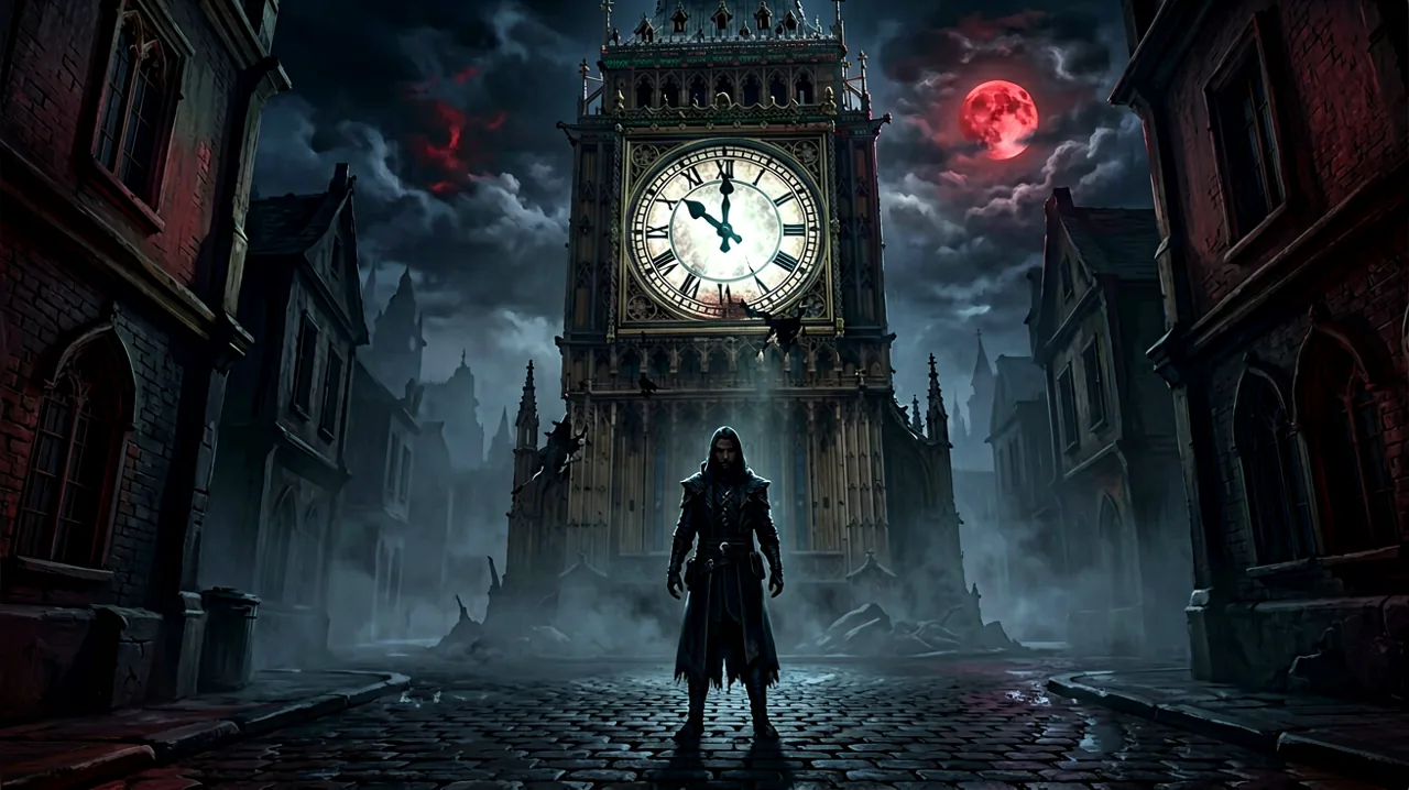 A lone warrior facing a massive gothic clock tower in a dark, atmospheric city, symbolizing the pressure of time.