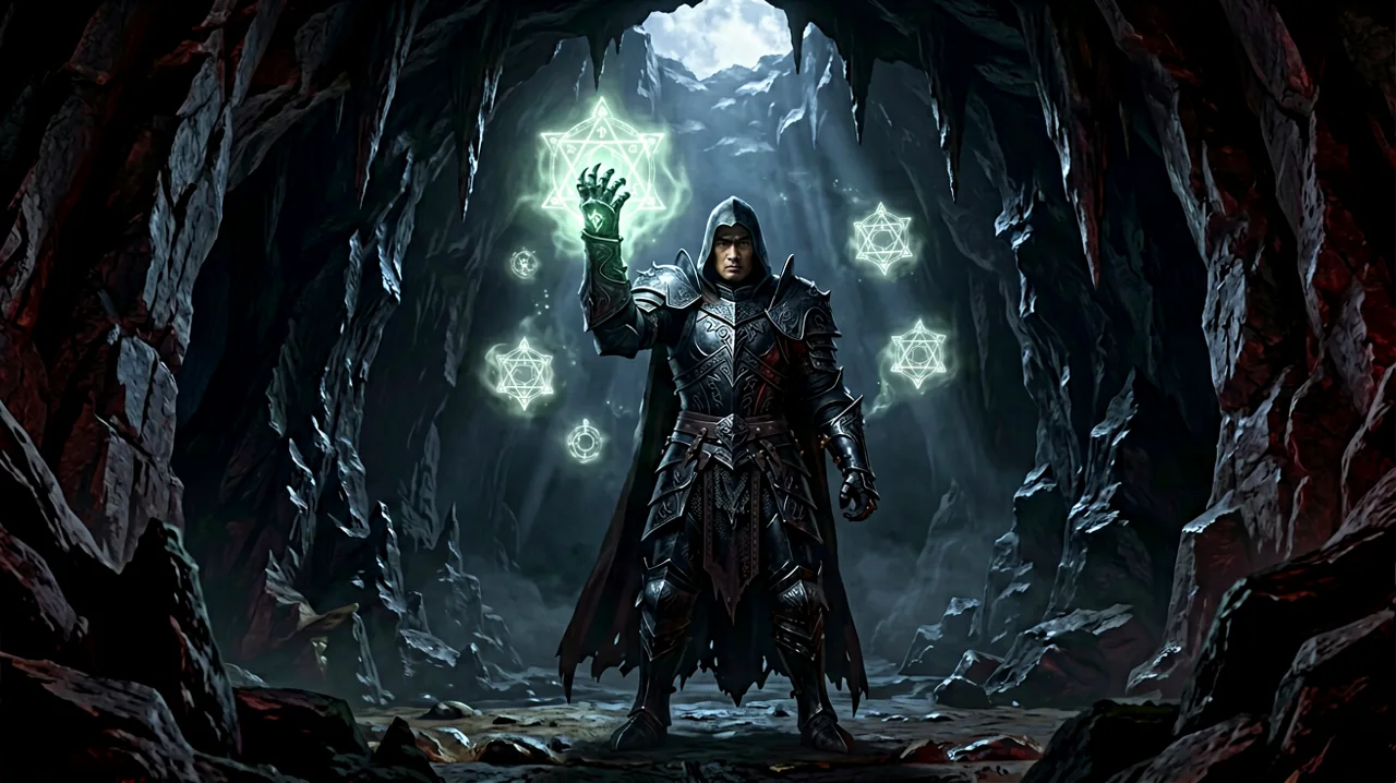 A lone warrior in heavy medieval armor standing outside a glowing underground burrow