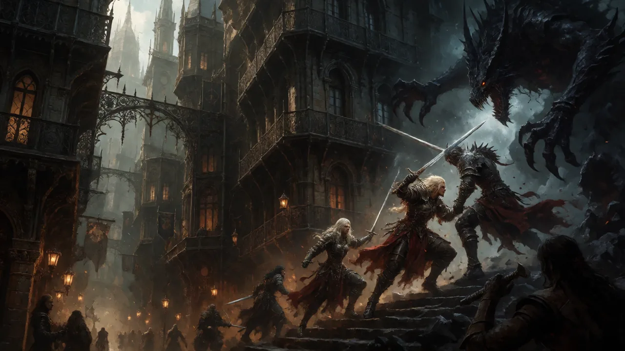 A tightly packed gothic street contrasting with an intense sword duel against a shadowy creature
