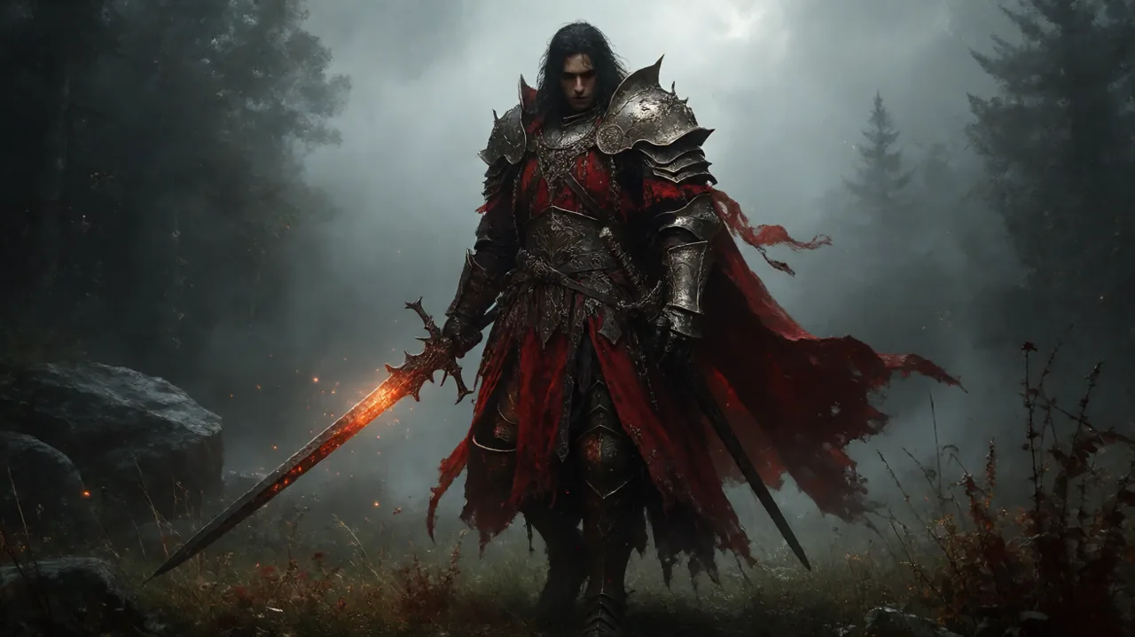 A heavy mercenary armor set equipped with a glowing hex sword.