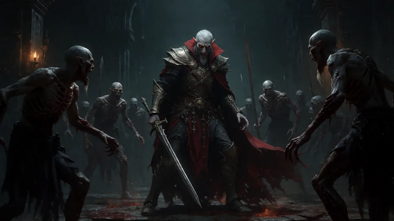 Original dark fantasy artwork of a weary vampire warrior facing a repetitive horde of shadowy undead.