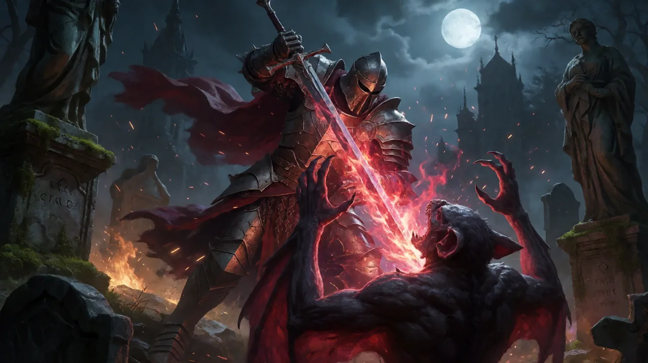 Original dark fantasy art depicting a warrior using crimson magic against a nocturnal beast in a graveyard.