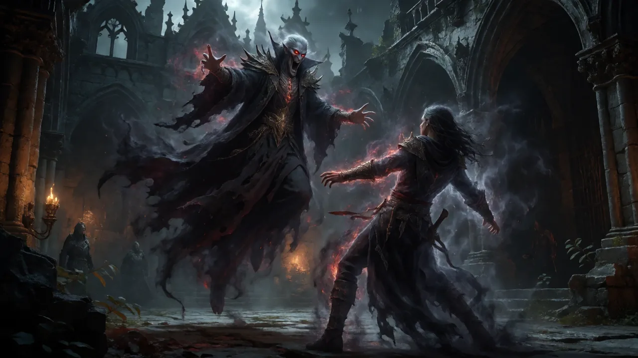 A dark fantasy scene showing a fierce mental duel between two figures in a gothic courtyard