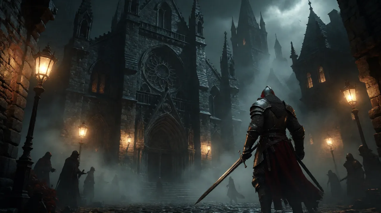 A gothic dark fantasy city at night with dense fog and glowing street lamps.