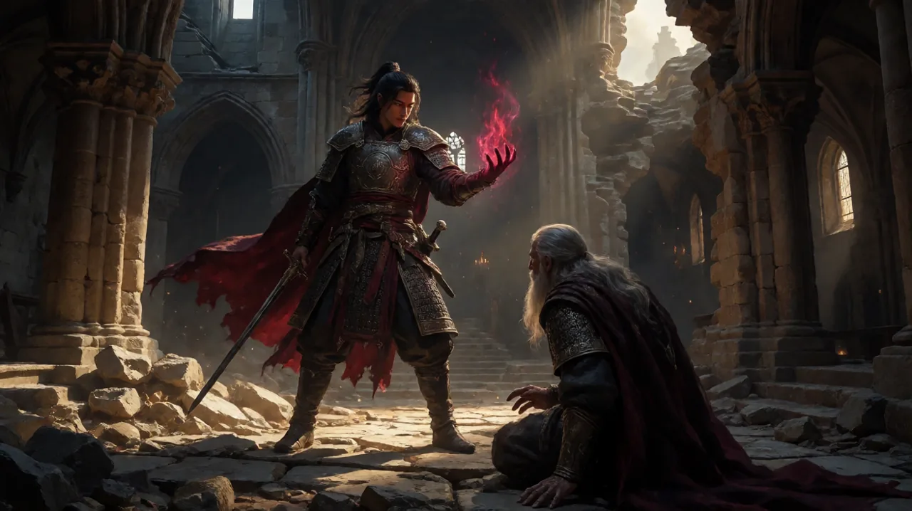 A younger warrior facing off against an older mentor in a ruined gothic setting