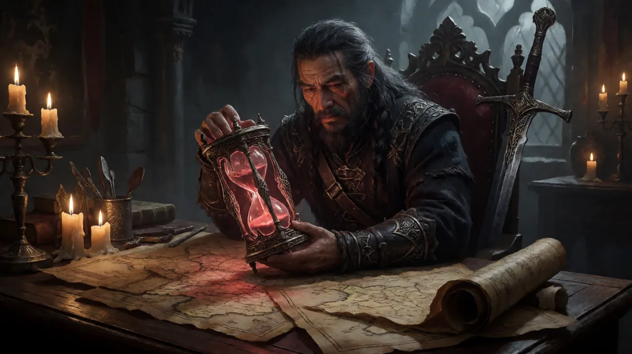 A Dawnwalker examining a glowing hourglass artifact in a dark medieval chamber