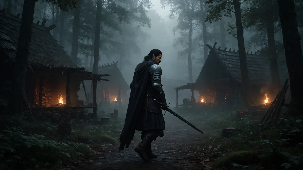 A lone dark fantasy warrior walking away from a misty village