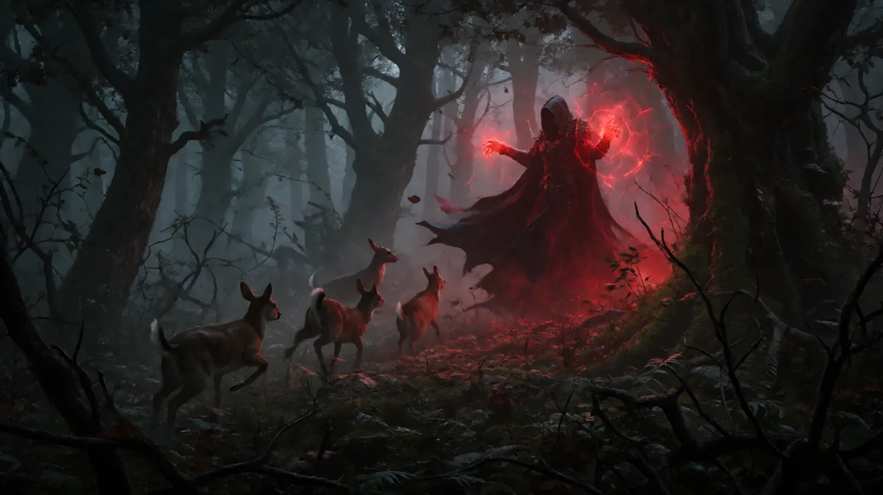 A dark fantasy scene showing a vampire channeling crimson blood magic in a dense, misty forest, with small woodland animals fleeing through the underbrush.