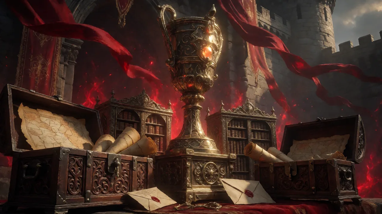 A gothic golden trophy surrounded by ancient maps, steel cases, and crimson magic.