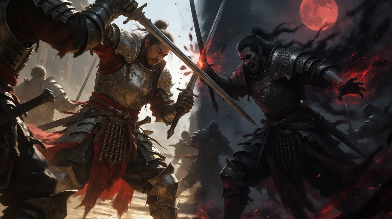 A split composition showing a tired swordsman blocking an attack in daylight and a powerful vampire wielding dark magic at night.