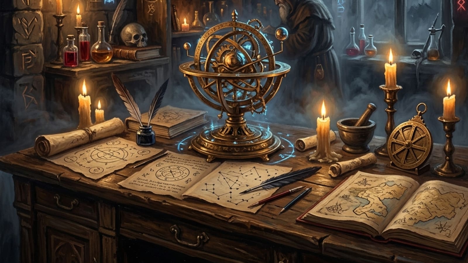 A candlelit study with glowing arcane runes and a brass orrery