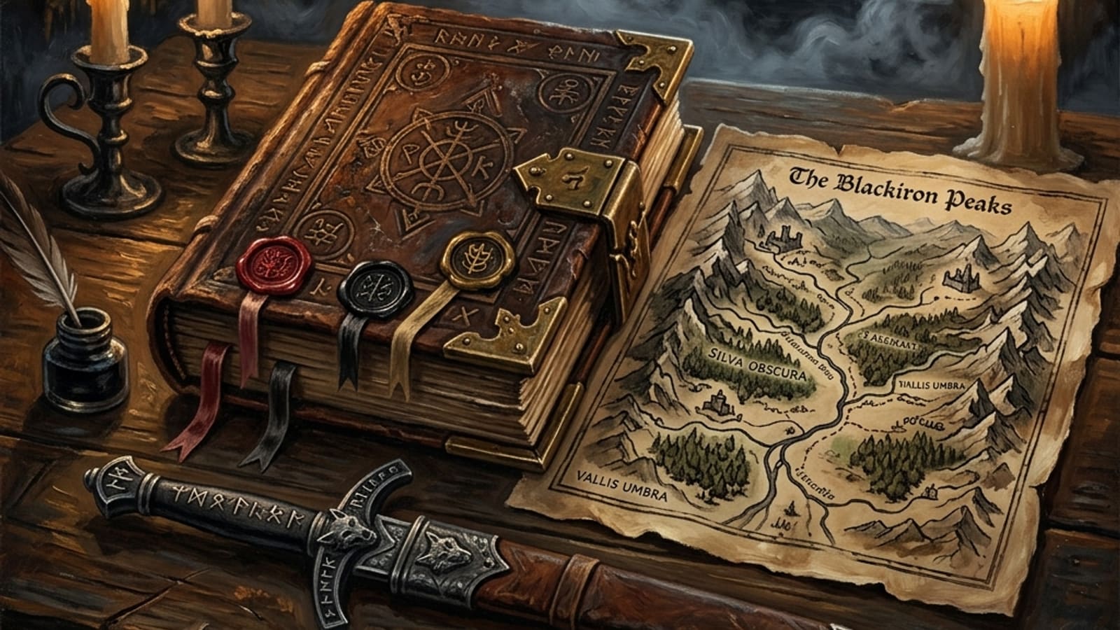 An ancient tome, a hand-drawn valley map and a steel dagger by candlelight