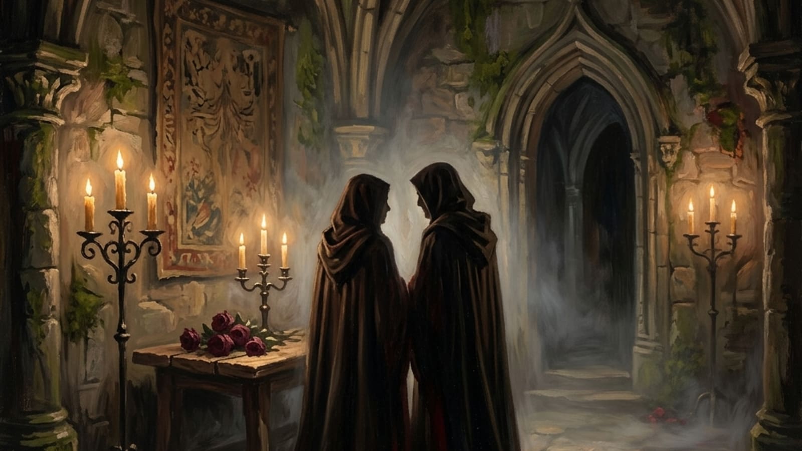 Two cloaked silhouettes by candlelight in a gothic stone chamber