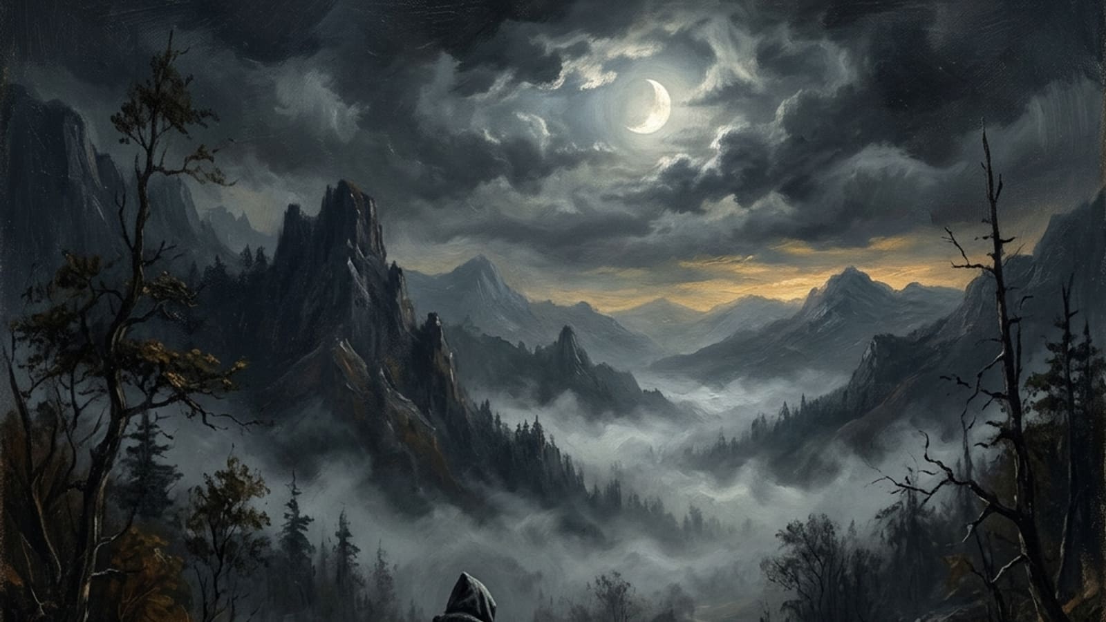 A solitary cloaked figure walking a lonely moonlit road through a dark valley