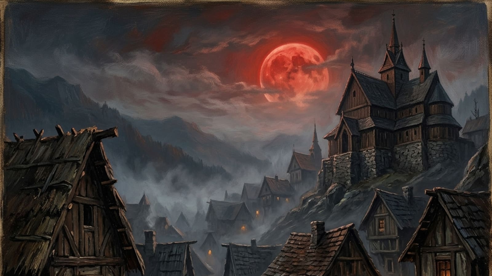 A medieval Carpathian mountain village under a blood-red moon
