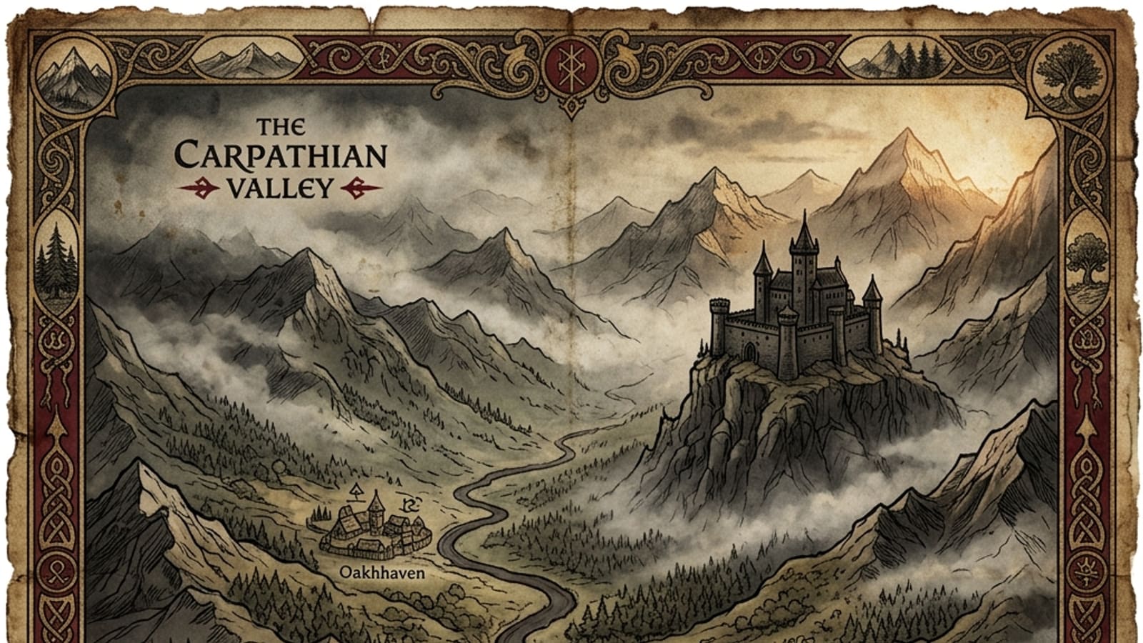 An aged parchment map of the fog-shrouded valley of Vale Sangora