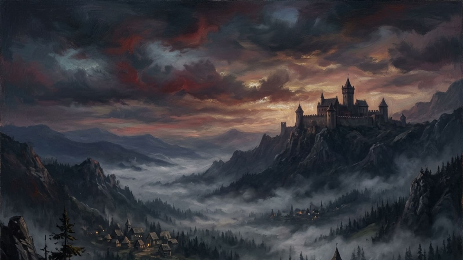 A sweeping view over a fog-filled Carpathian valley with scattered villages and a distant castle
