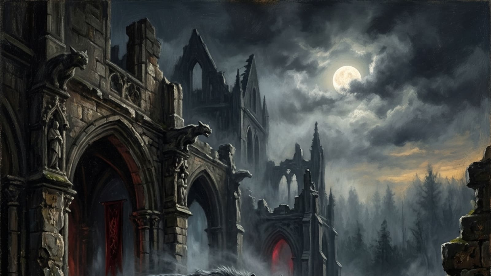 A spectral wolf prowling a moonlit gothic ruin amid drifting mist