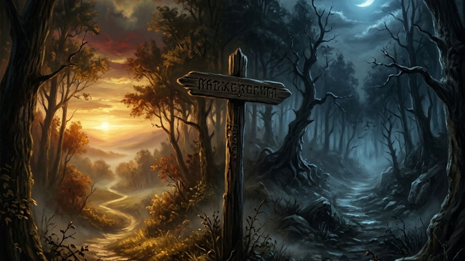 Two diverging forest paths, one in warm dawn light and one in cold moonlight